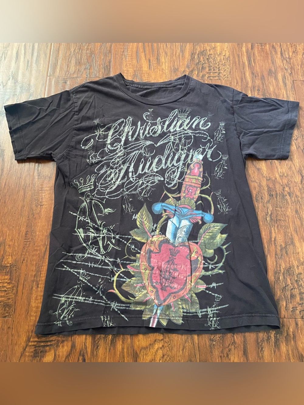 Christian Audigier Black Graphic Tee with Heart & Dagger Design